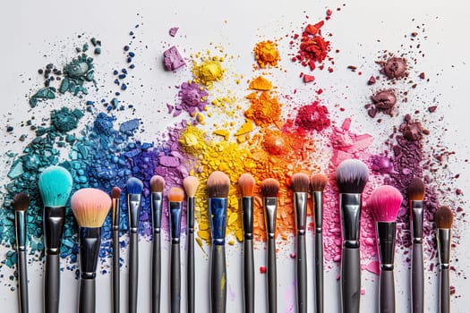 A close-up shot of various makeup brushes with vibrant colors and different sizes arranged on a white background.