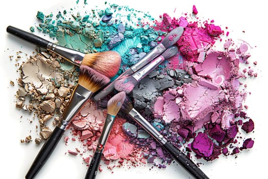 A close-up shot of makeup brushes covered in various shades of colorful crushed eyeshadow and blush on a white background.