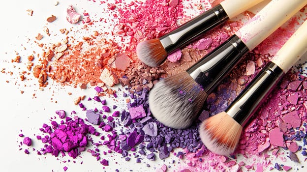 Vibrant makeup brushes covered in colorful eyeshadow and blush on a white background.