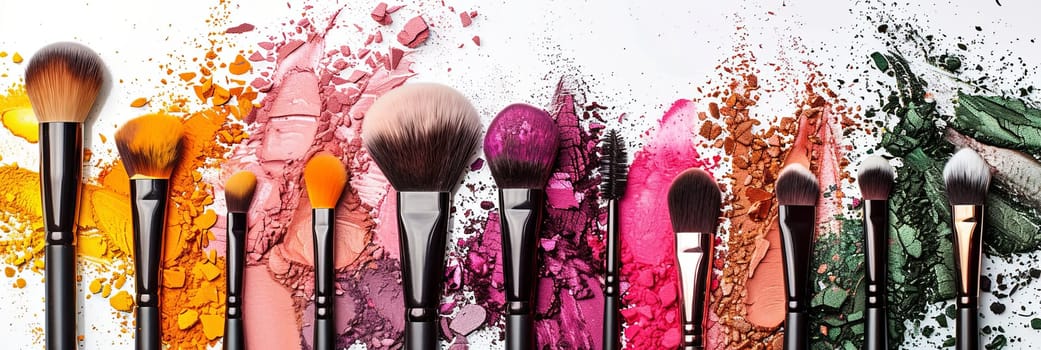 A vibrant collection of makeup brushes covered in various shades of eyeshadow and blush, arranged artistically on a white background.
