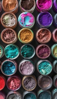 A close-up view of colorful makeup pigments and powders in small jars, arranged in a grid.