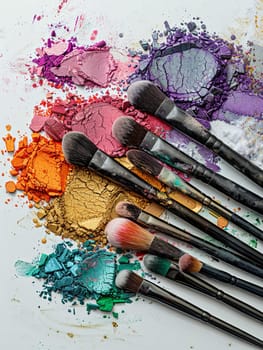 A close-up of various makeup brushes covered in colorful eyeshadow on a white background.