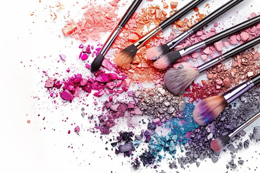 A collection of various makeup brushes are covered with vibrant eyeshadow and blush, artistically arranged on a white surface.