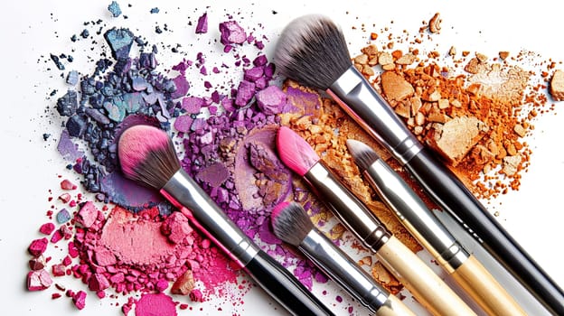 An artistic arrangement of various makeup brushes covered in vibrant eyeshadow and blush on a white background.