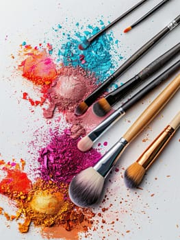 A close-up shot of makeup brushes with various eyeshadow colors scattered around them.