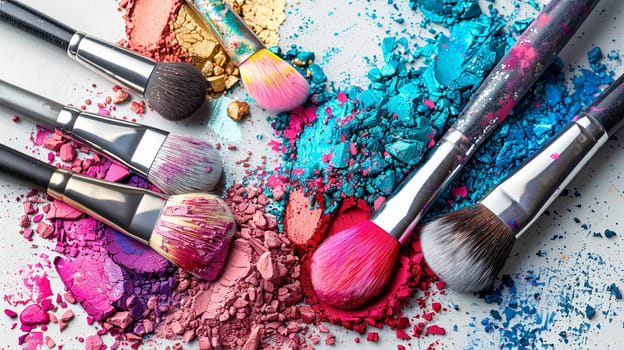 A close-up view of makeup brushes on a white background covered with colorful eyeshadow and blush.