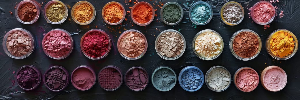 A collection of colorful makeup pigments and powders in small jars, arranged on a dark surface.