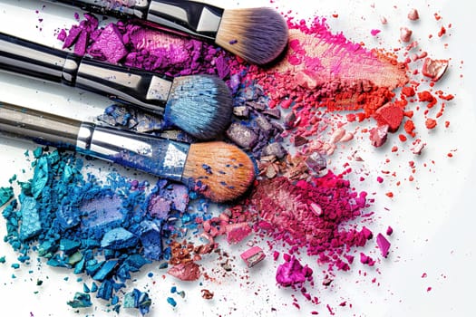 A close-up shot of various makeup brushes covered in colorful eyeshadow and blush on a white background.