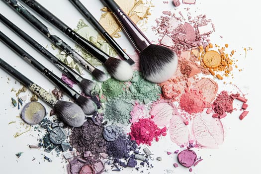 A collection of makeup brushes covered in colorful eyeshadow and blush on a white background.