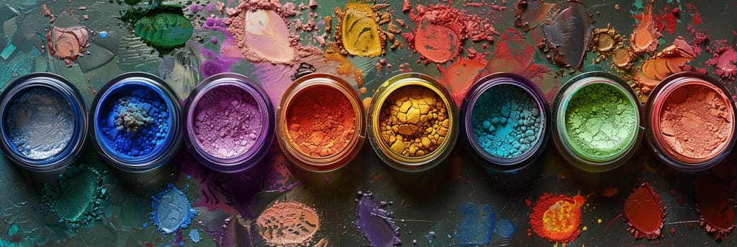 Close-up of colorful makeup pigments and powders in small jars.