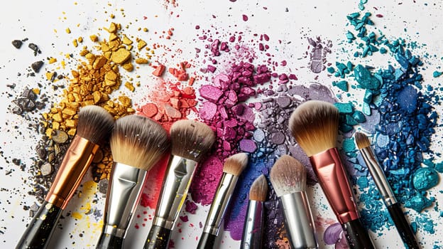 A close-up view of colorful eyeshadow and blush scattered around a collection of makeup brushes on a white background.