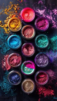 A close-up shot of colorful makeup pigments and powders arranged in small jars on a dark background.
