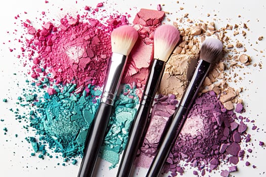 Close-up of four makeup brushes arranged on a white background with crumbled eyeshadow and blush.