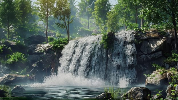 A waterfall cascading through a lush forest setting, with green trees and rocks enhancing the natural beauty.