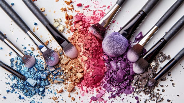 Multiple makeup brushes with vibrant colors of eyeshadow and blush on a white background.