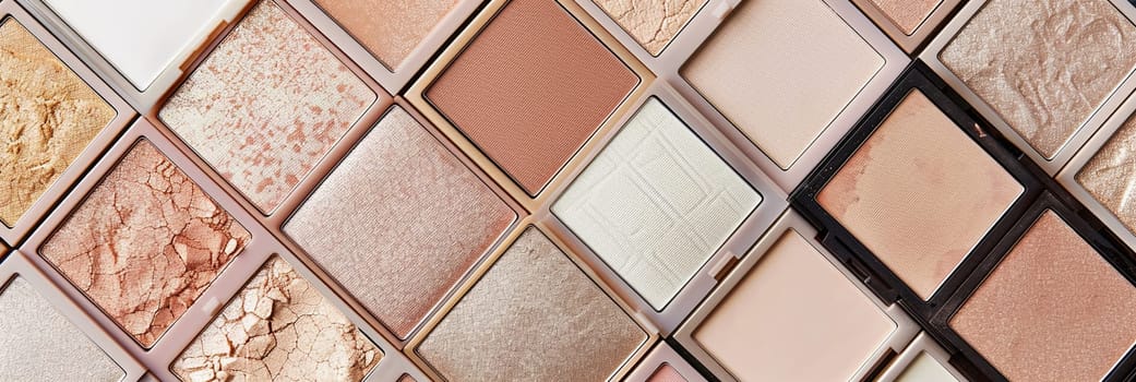 An assortment of contouring and highlighting palettes, arranged in a diagonal pattern, showcasing their rich, pigmented colors.