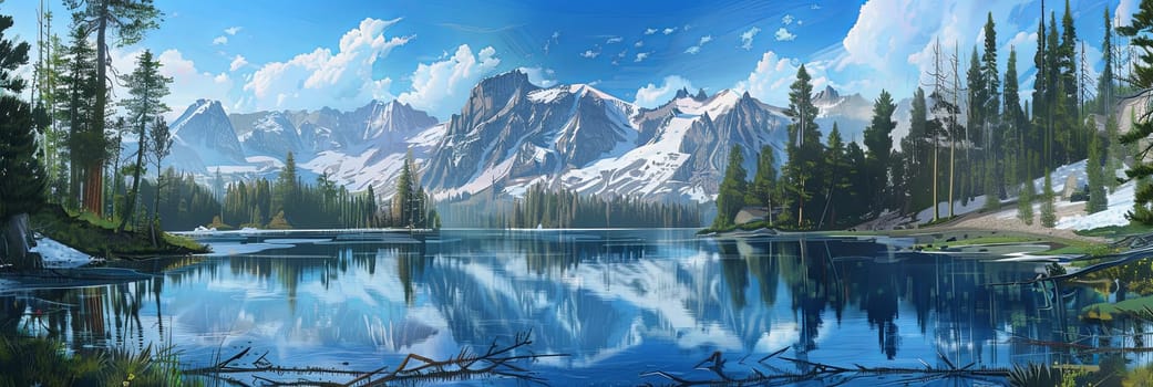 A painting depicting a tranquil mountain lake nestled among lush trees.