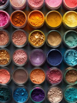 A close-up view of various colorful makeup pigments and powders arranged in small jars.