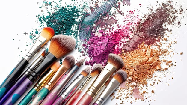 Close-up shot of various makeup brushes covered in colorful eyeshadow and blush on a white background.