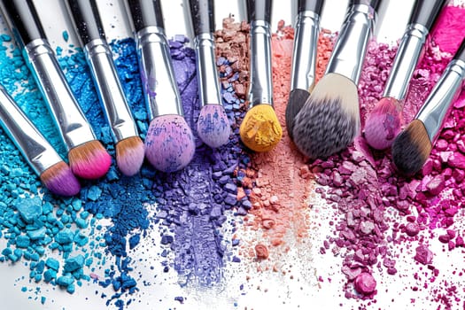 Close-up image of makeup brushes coated in vibrant colors of eyeshadow on a white background.