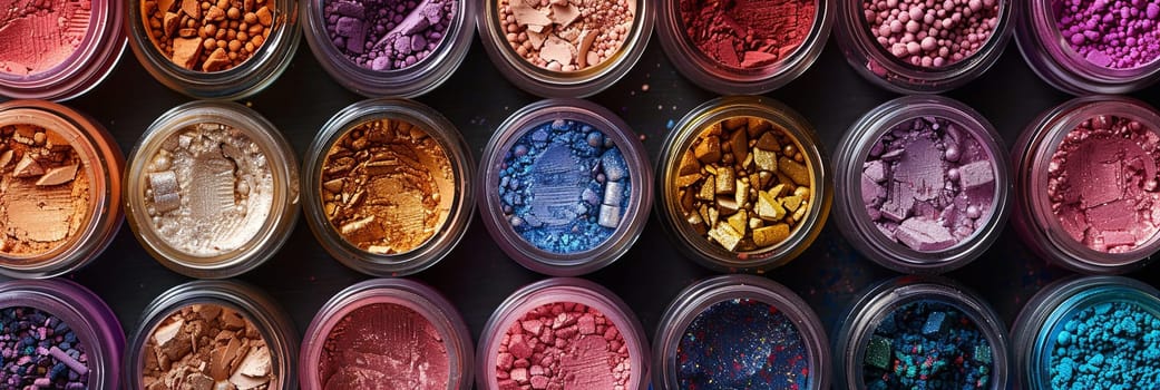 Assorted colorful makeup pigments and powders in small jars, arranged in a visually appealing pattern.