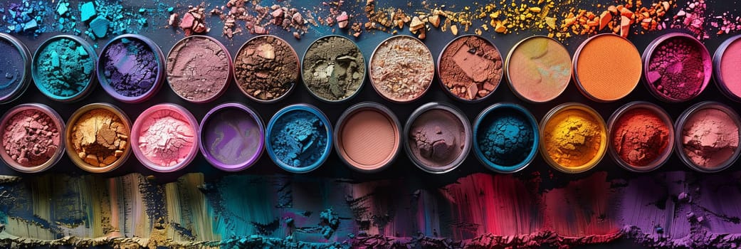 Assorted colorful makeup pigments and powders in small jars, arranged artistically.