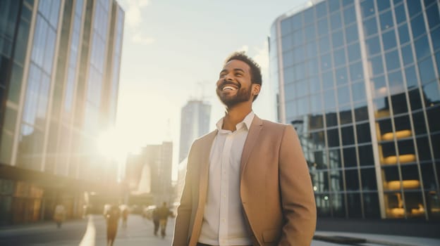 Confident happy smiling businessman standing in the city, man entrepreneur in business suit and looking away