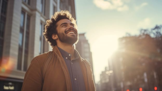 Portrait of happy cheerful laughing young man standing in summer sunny city, enjoying urban walk