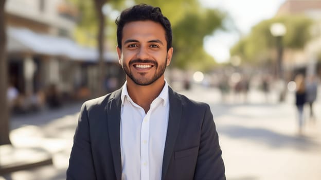 Confident happy smiling businessman standing in the city, man entrepreneur in business suit and looking at camera