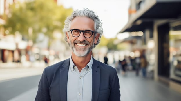 Confident happy smiling mature businessman standing in the city, man entrepreneur in business suit with glasses and looking at camera