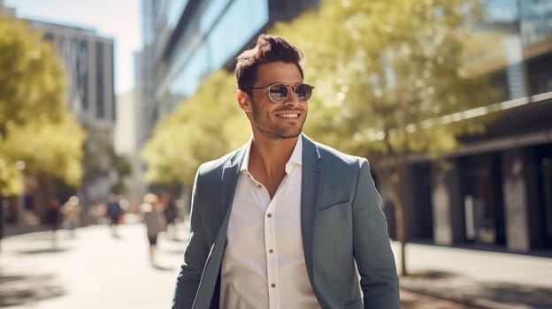 Confident happy smiling businessman standing in the city, man entrepreneur in business suit with glasses and looking away