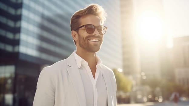 Confident happy smiling businessman standing in the city, man entrepreneur in business suit with glasses and looking away