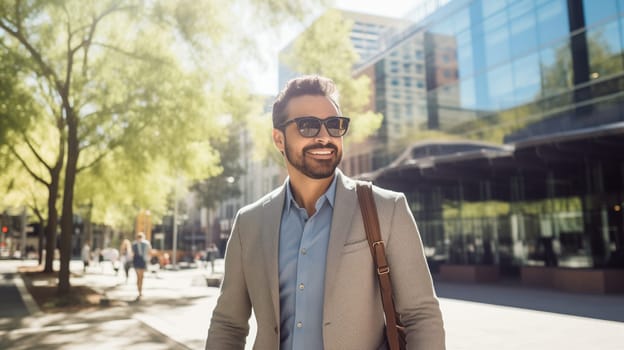 Confident happy smiling businessman standing in the city, man entrepreneur in business suit with glasses and looking away