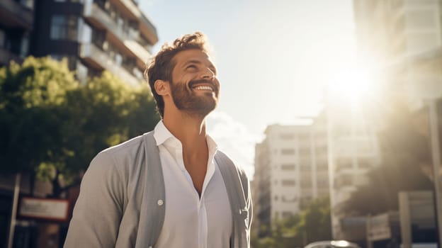 Confident happy smiling businessman standing in the city, man entrepreneur in business suit and looking away