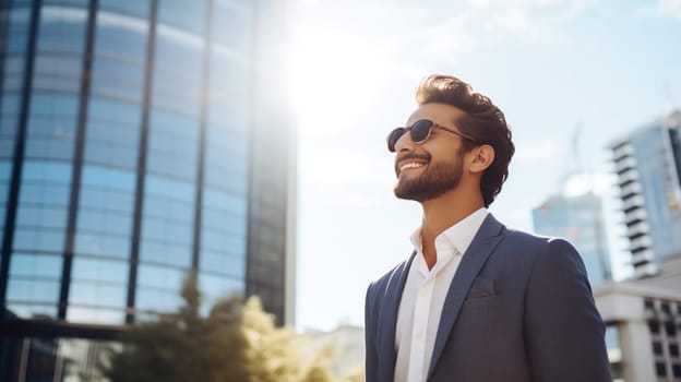 Confident happy smiling businessman standing in the city, man entrepreneur in business suit with glasses and looking away