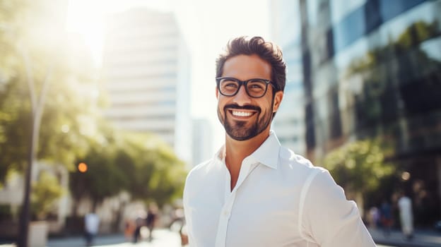 Confident happy smiling businessman standing in sunny city, man entrepreneur in white shirt with glasses and looking away