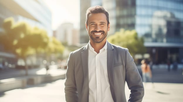 Confident happy smiling businessman standing in the city, man entrepreneur in business suit and looking at camera