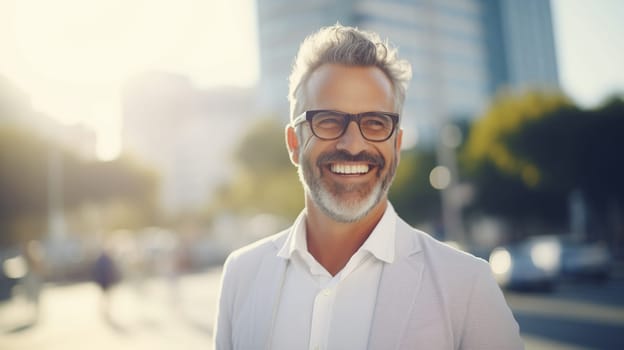 Confident happy smiling businessman standing in the city, man entrepreneur in business suit with glasses and looking away