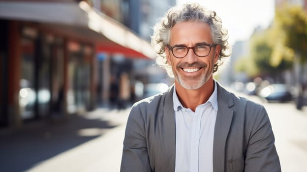 Confident happy smiling mature businessman standing in the city, man entrepreneur in business suit with glasses and looking at camera