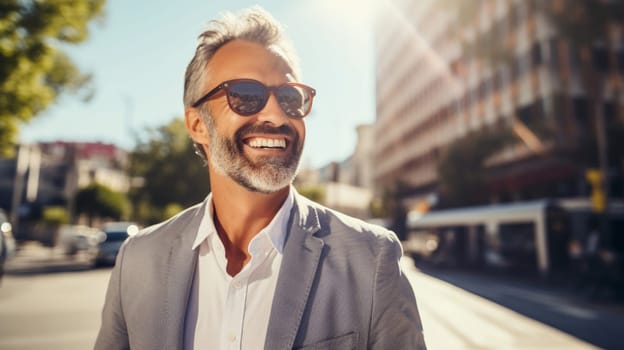 Confident happy smiling businessman standing in the city, man entrepreneur in business suit with glasses and looking away