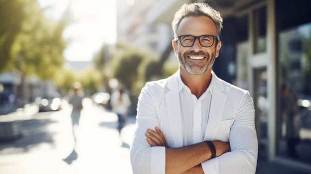 Confident happy smiling mature businessman standing in the city, man entrepreneur in business suit with glasses and looking at camera