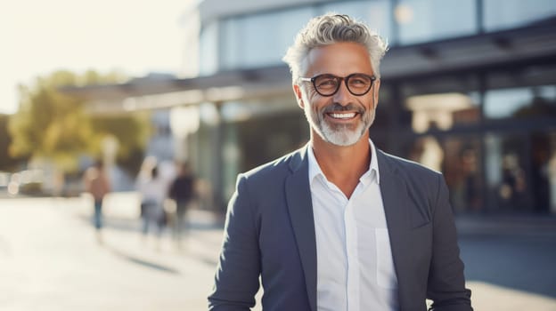 Confident happy smiling mature businessman standing in the city, man entrepreneur in business suit with glasses and looking at camera