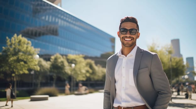 Confident happy smiling businessman standing in the city, man entrepreneur in business suit with glasses and looking at camera