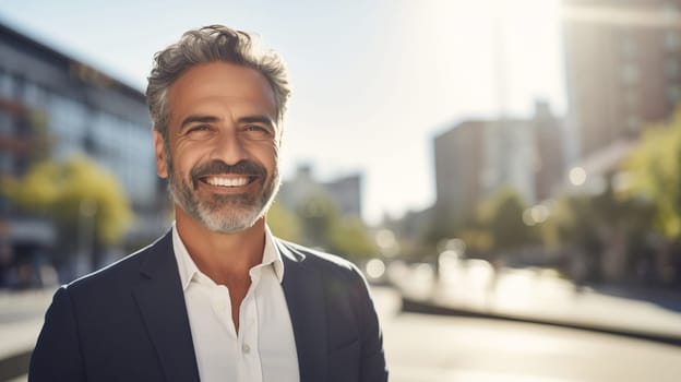 Confident happy smiling mature businessman standing in the city, man entrepreneur in business suit and looking at camera