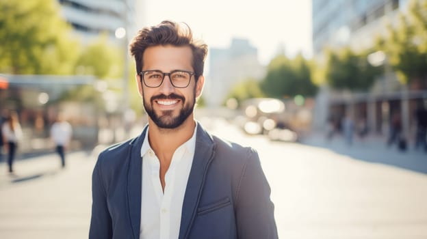 Confident happy smiling businessman standing in the city, man entrepreneur in business suit with glasses and looking at camera