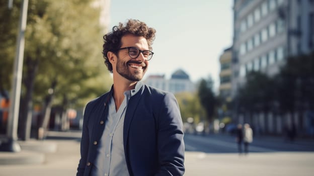 Confident happy smiling businessman standing in the city, man entrepreneur in business suit with glasses and looking away