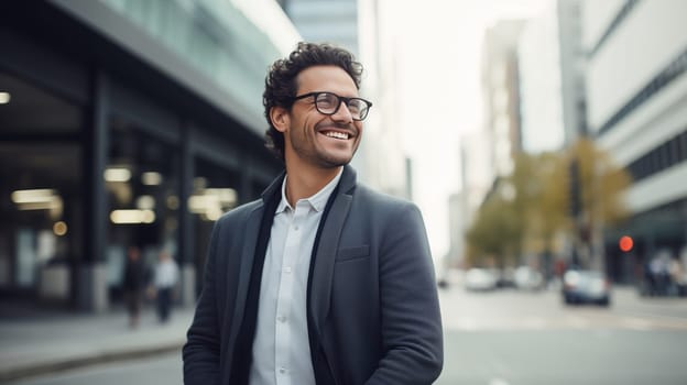 Confident happy smiling businessman standing in the city, man entrepreneur in business suit with glasses and looking away