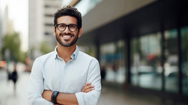 Confident happy smiling businessman standing in the city, man entrepreneur with crossed arms in white shirt with glasses looking at camera