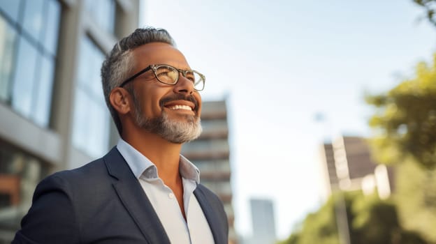 Confident happy smiling businessman standing in the city, man entrepreneur in business suit with glasses and looking away