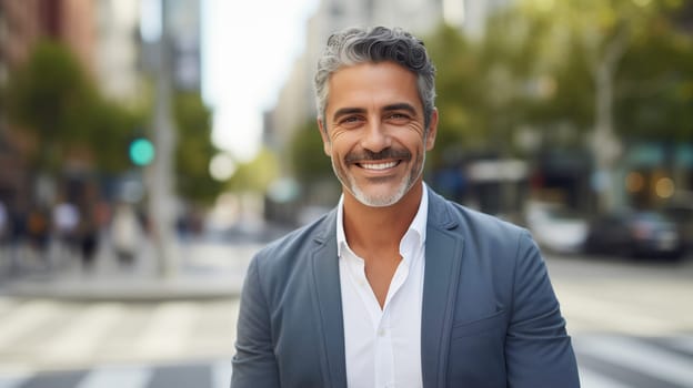 Confident happy smiling mature businessman standing in the city, man entrepreneur in business suit and looking at camera